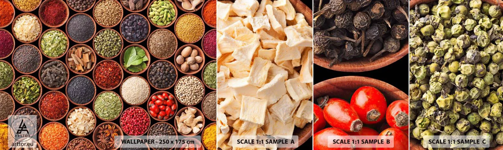 Amostra de papel de parede autocolante Deluxe Sticker - Todos os sabores do mundo - Gastronomia, Especiarias, Ervas secas - 100x30 cm