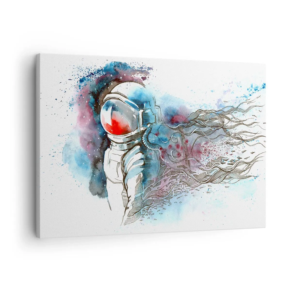 Quadro em tela - Um cosmonauta em uma aquarela dinâmica com detalhes cósmicos - 70x50cm - Sozinho com o espaço - Decoração de parede moderna para a sala de estar e quarto ARTTOR
