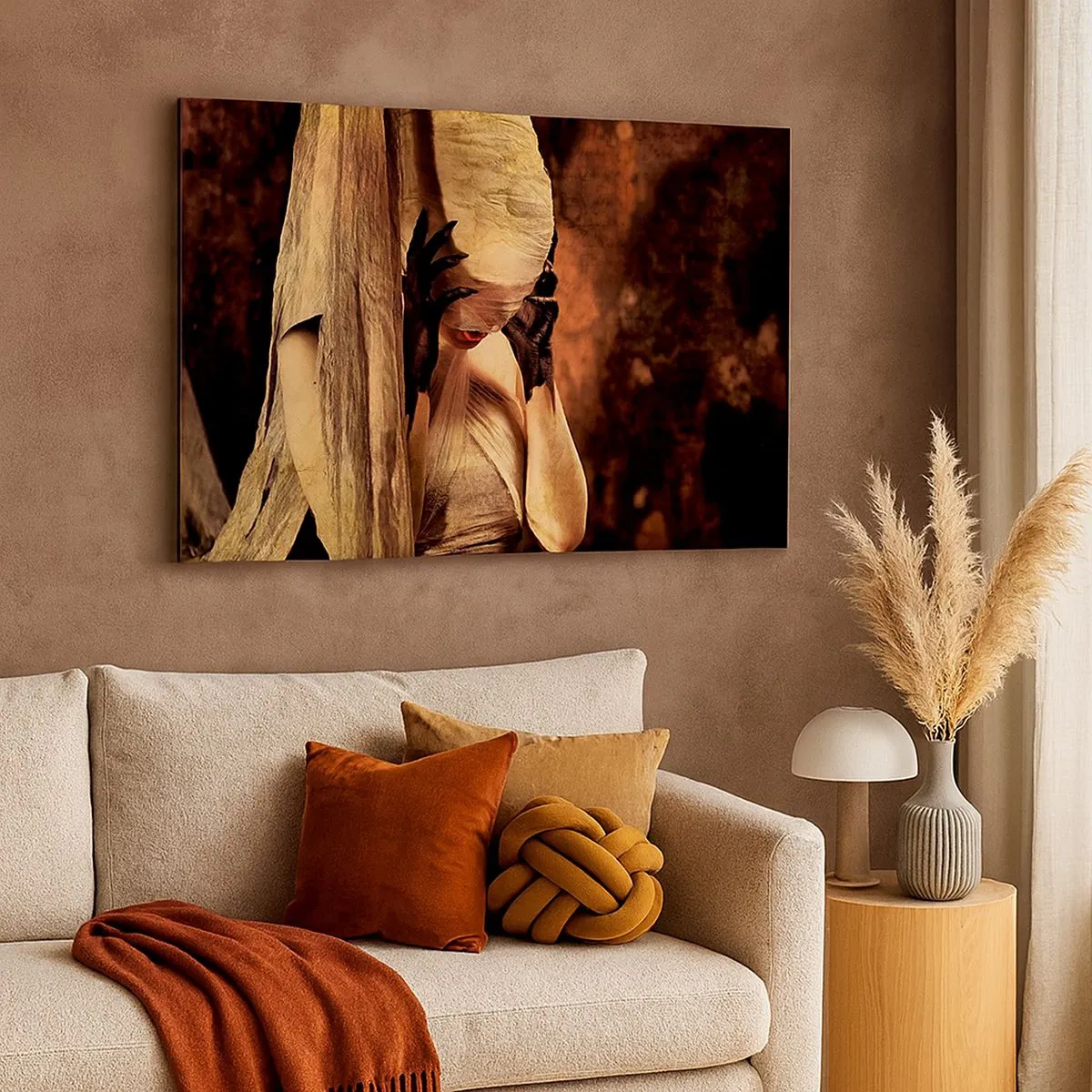 Quadro em tela - Uma mulher com um véu e um estilo misterioso em um fundo escuro - 70x50cm - Entre o bem e o mal - Decoração de parede moderna para a sala de estar e quarto ARTTOR