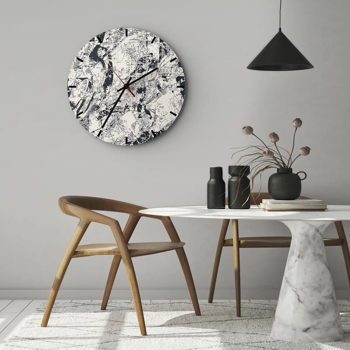 Relógio de parede - Relógio em vidro - Composição abstrata em tons de preto e cinza - 30x30cm - Interpenetração de opostos - Decoração de parede moderna para a sala de estar, cozinha e quarto ARTTOR