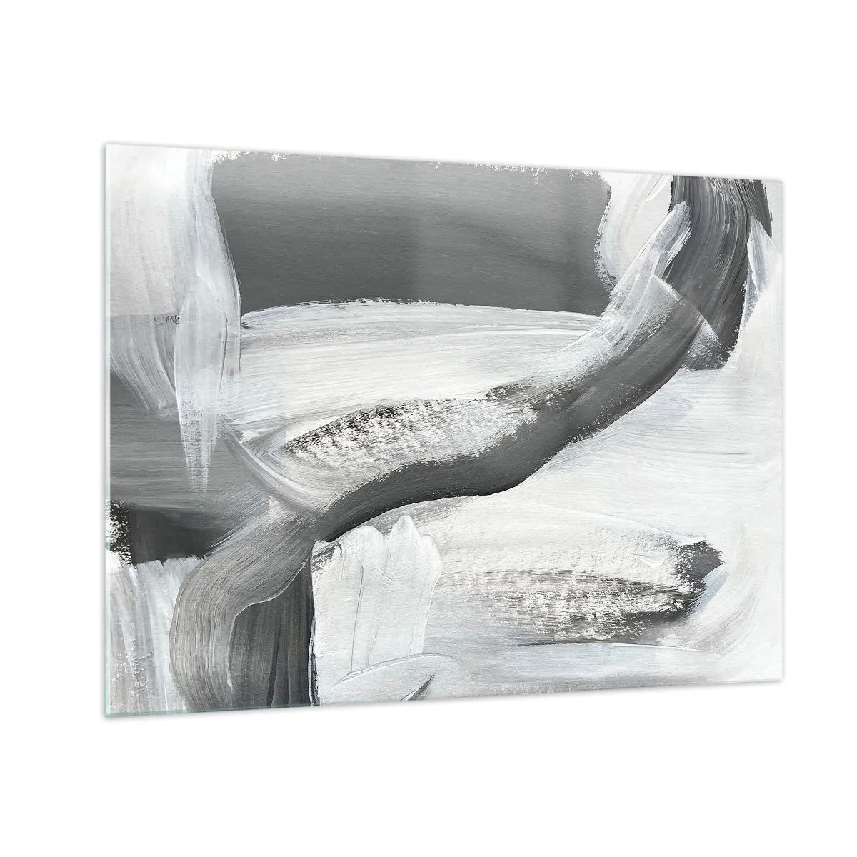 Quadro em vidro - Abstração em preto e branco com pinceladas dinâmicas. - 70x50cm - Um movimento decisivo - Decoração de parede moderna para a sala de estar e quarto ARTTOR