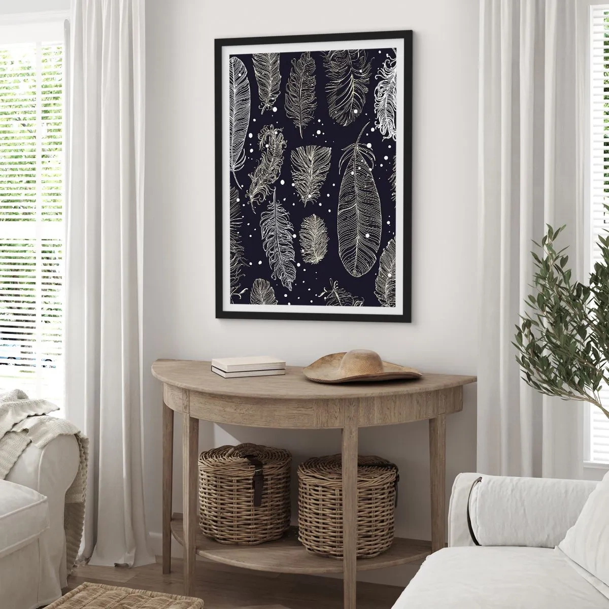 Pôster com moldura preta - Penas brancas sobre fundo preto em um arranjo elegante - 50x70cm - Rendas de penas - Decoração de parede moderna para a sala de estar e quarto ARTTOR