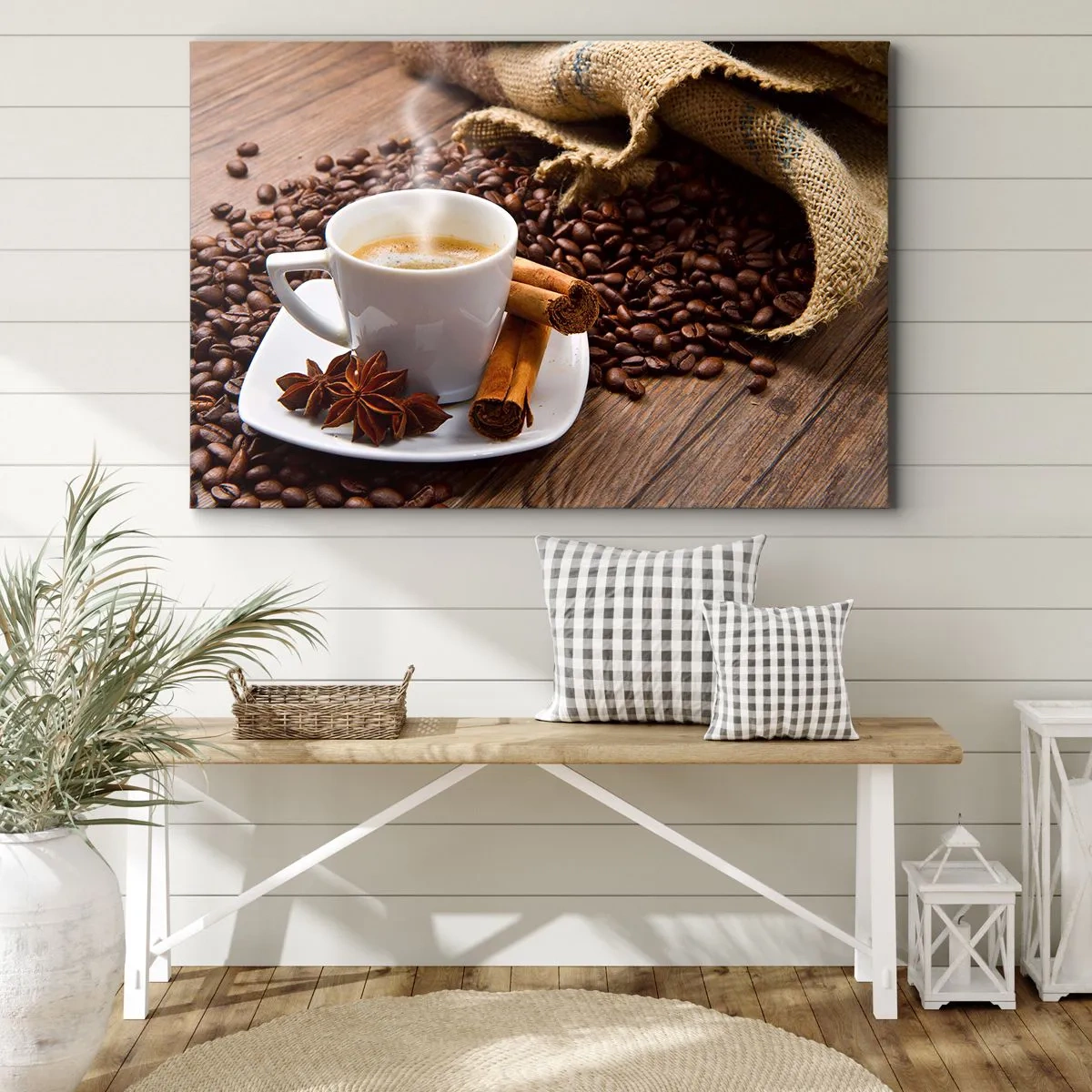 Quadro em tela - Uma xícara de café com canela e anis sobre um fundo de grãos de café - 70x50cm - Sabor e aroma picantes - Decoração de parede moderna para a sala de estar e quarto ARTTOR