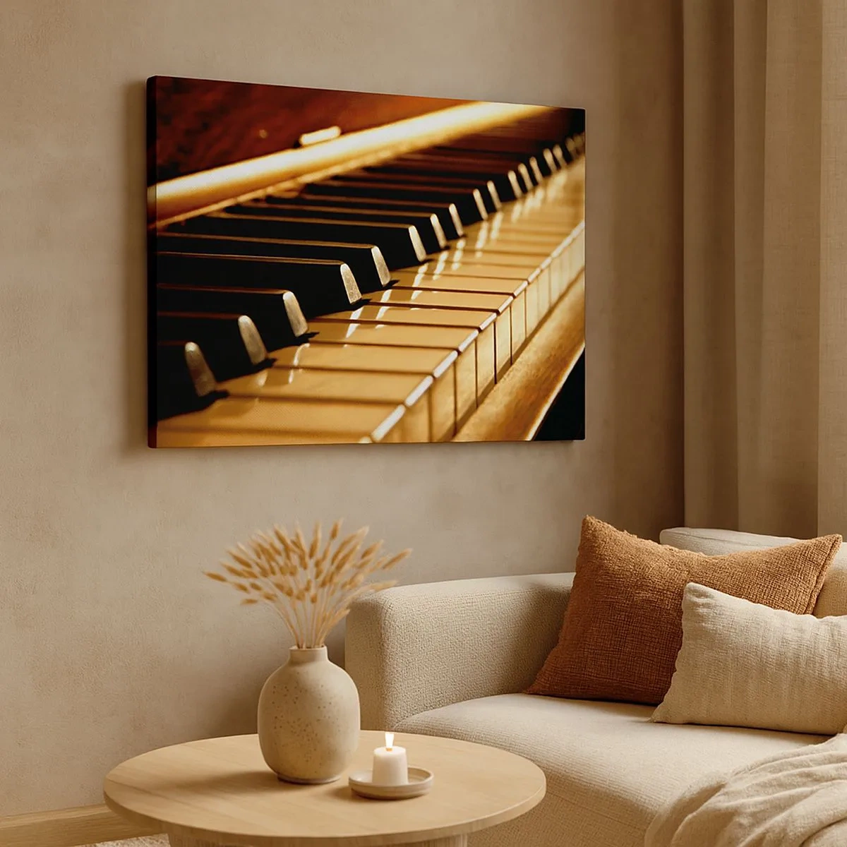 Quadro em tela - Teclado de piano em iluminação dourada - 70x50cm - Infinitas possibilidades - Decoração de parede moderna para a sala de estar e quarto ARTTOR