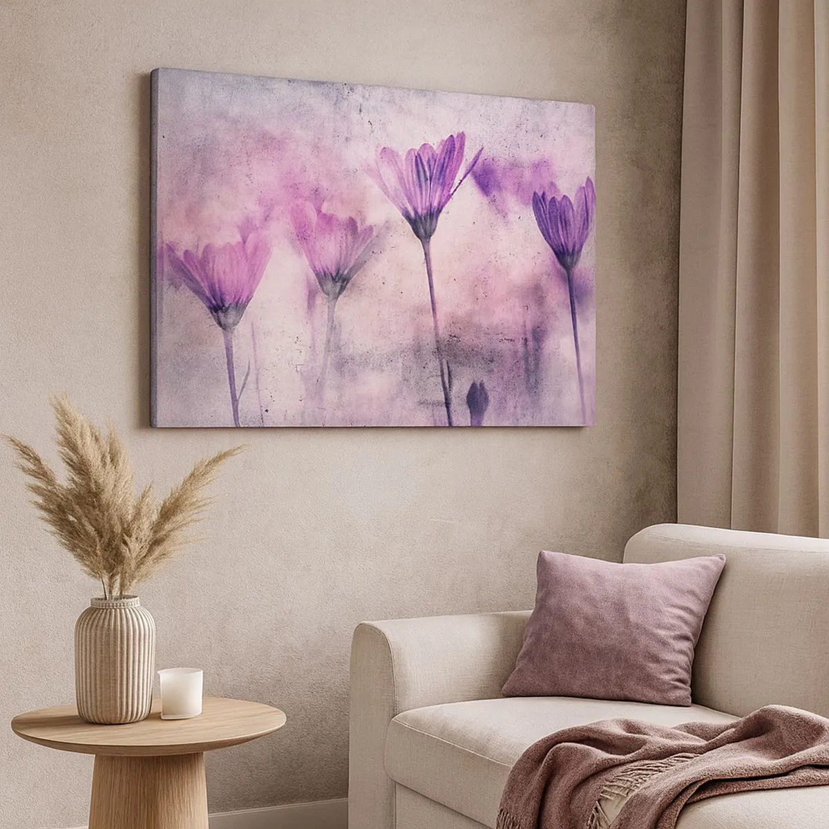 Quadro em tela - Flores delicadas em tons de roxo sobre fundo claro - 70x50cm - Sonho de flores - Decoração de parede moderna para a sala de estar e quarto ARTTOR