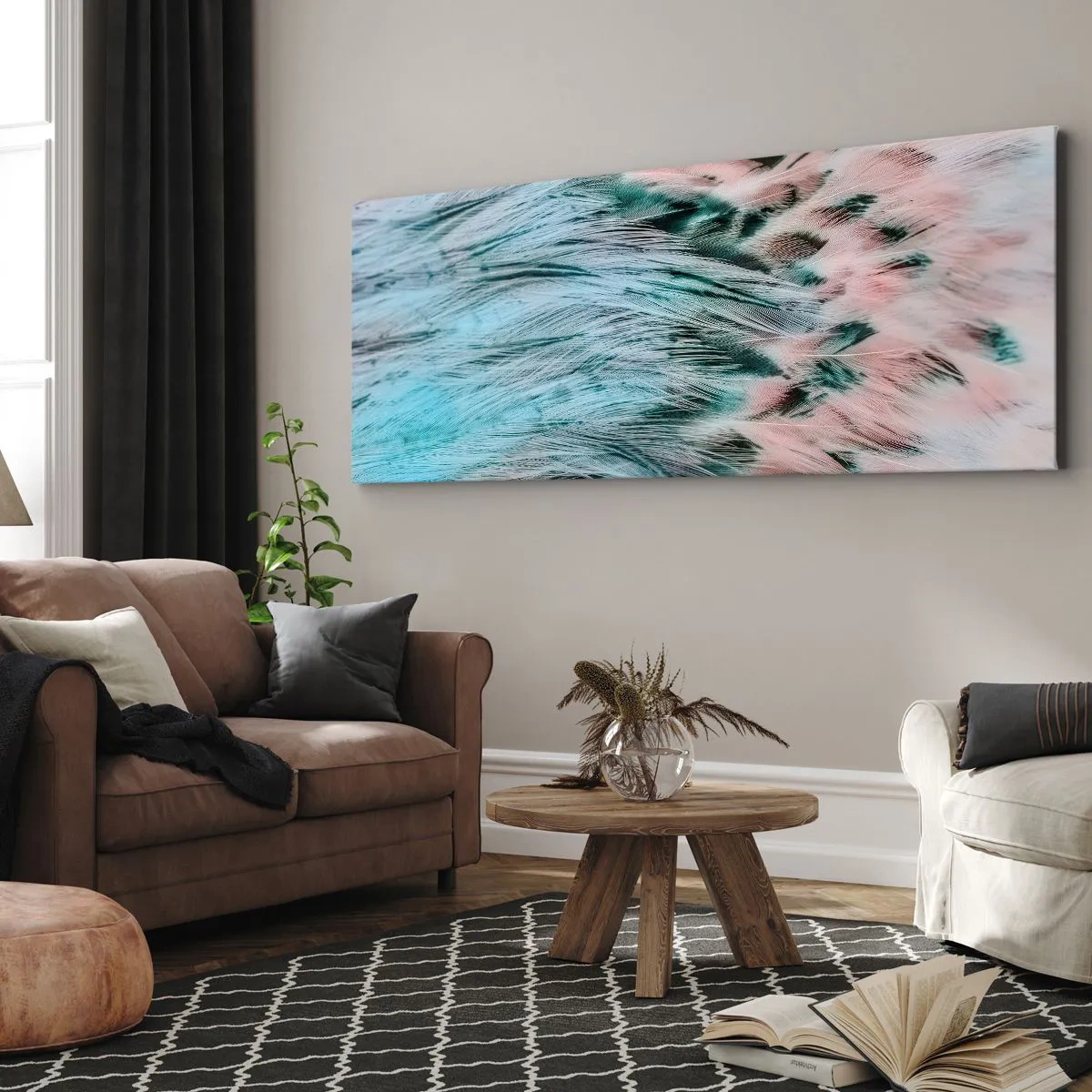 Quadro em tela - Penugem safira-rosa - 100x40 cm