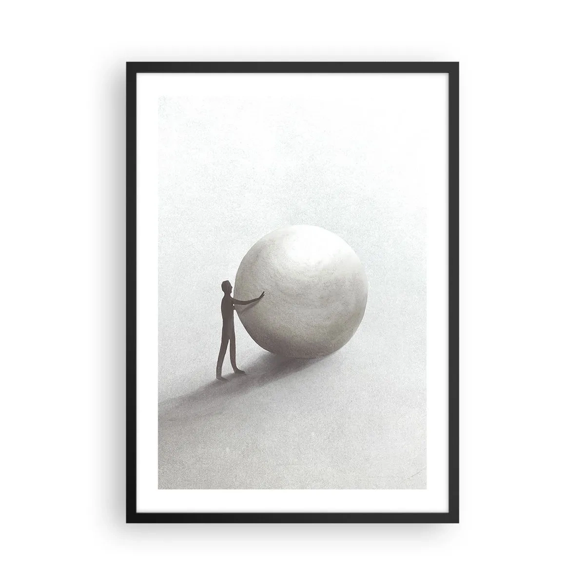 Pôster com moldura preta - Uma figura minimalista com uma grande bola em um fundo neutro. - 50x70cm - O Jogo da Vida - Decoração de parede moderna para a sala de estar e quarto ARTTOR