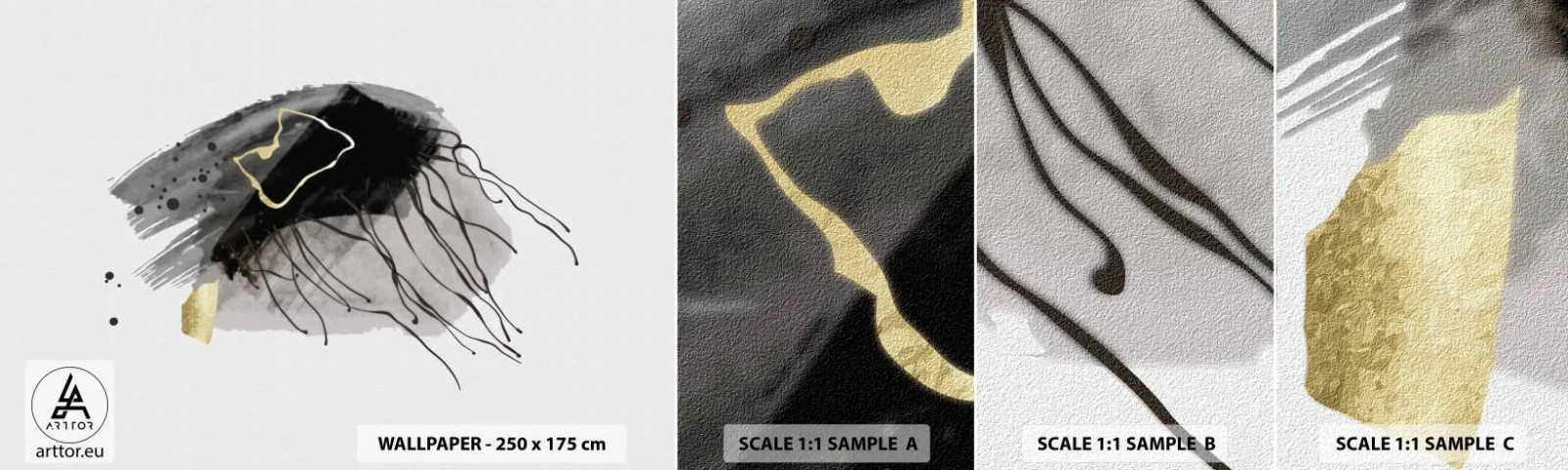 Amostra de Papel de Parede Standard Eco - A preto e dourado - Abstração, Pedaço, Gráficos - 100x30 cm