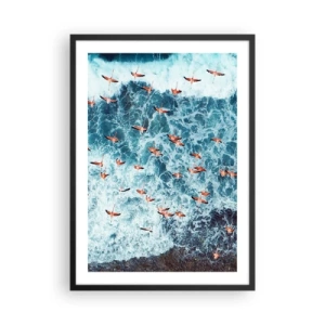 Pôster com moldura preta - Flamingos acima das ondas do oceano em cores intensas - 50x70cm - Desfile à beira-mar - Decoração de parede moderna para a sala de estar e quarto ARTTOR