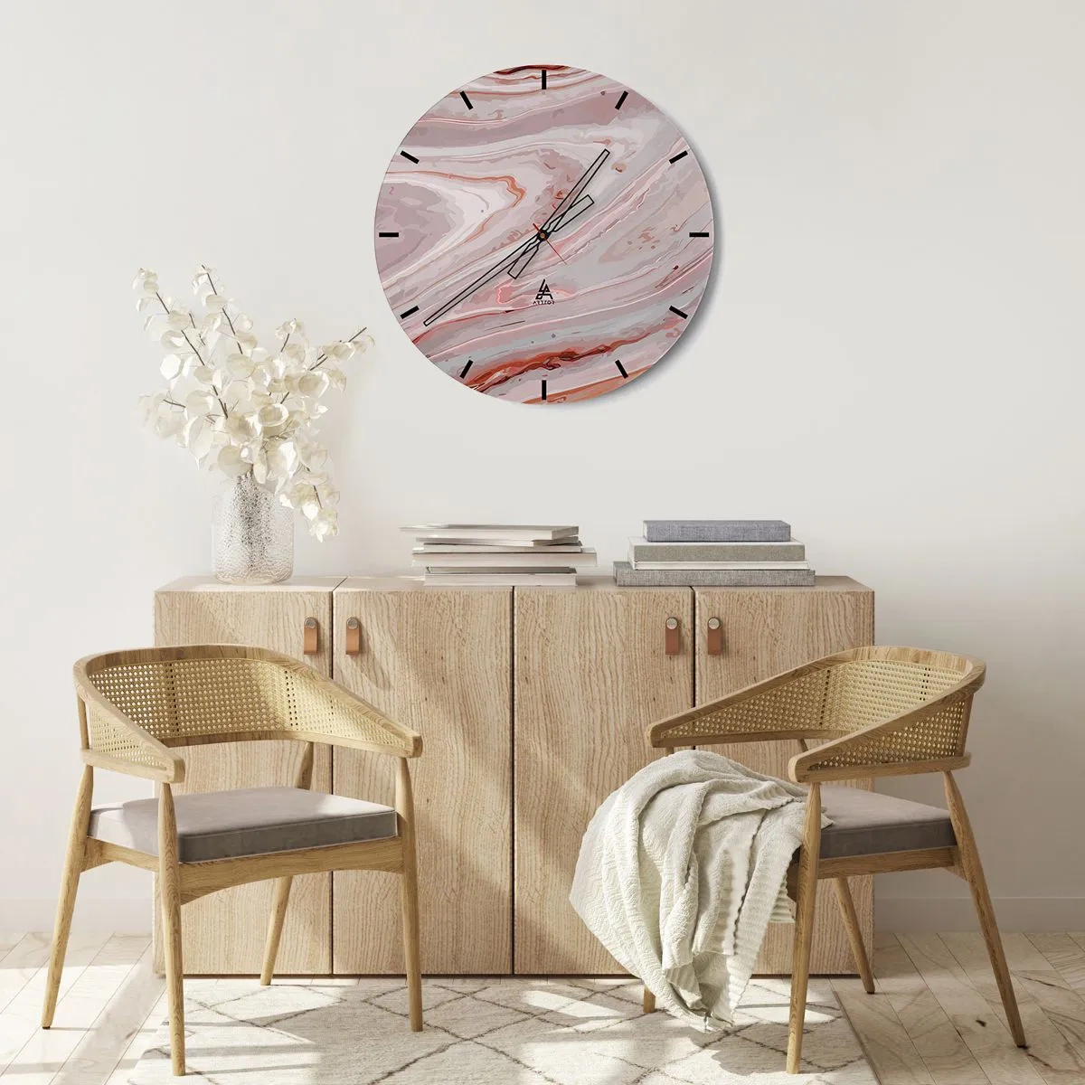 Relógio de parede - Relógio em vidro - Um padrão abstrato semelhante a mármore em tons de bege e rosa. - 30x30cm - Rosa líquido - Decoração de parede moderna para a sala de estar, cozinha e quarto ARTTOR