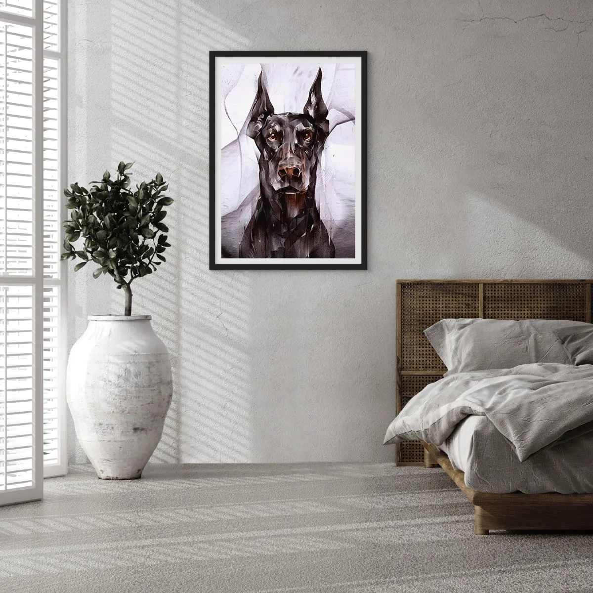 Pôster com moldura preta - Retrato artístico de um cão preto em estilo geométrico - 50x70cm - Nascido na nobreza - Decoração de parede moderna para a sala de estar e quarto ARTTOR