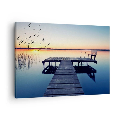 Quadro em tela - Píer de madeira em um lago ao nascer do sol com pássaros - 70x50cm - Foi um bom dia - Decoração de parede moderna para a sala de estar e quarto ARTTOR
