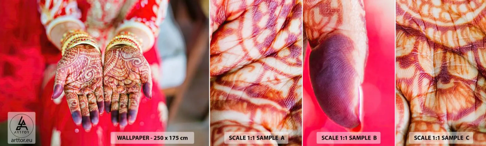 Amostra de papel de parede autocolante Deluxe Sticker - Pronto para alcançar a felicidade - Mãos Femininas, Desenhos Orientais, Índia - 100x30 cm