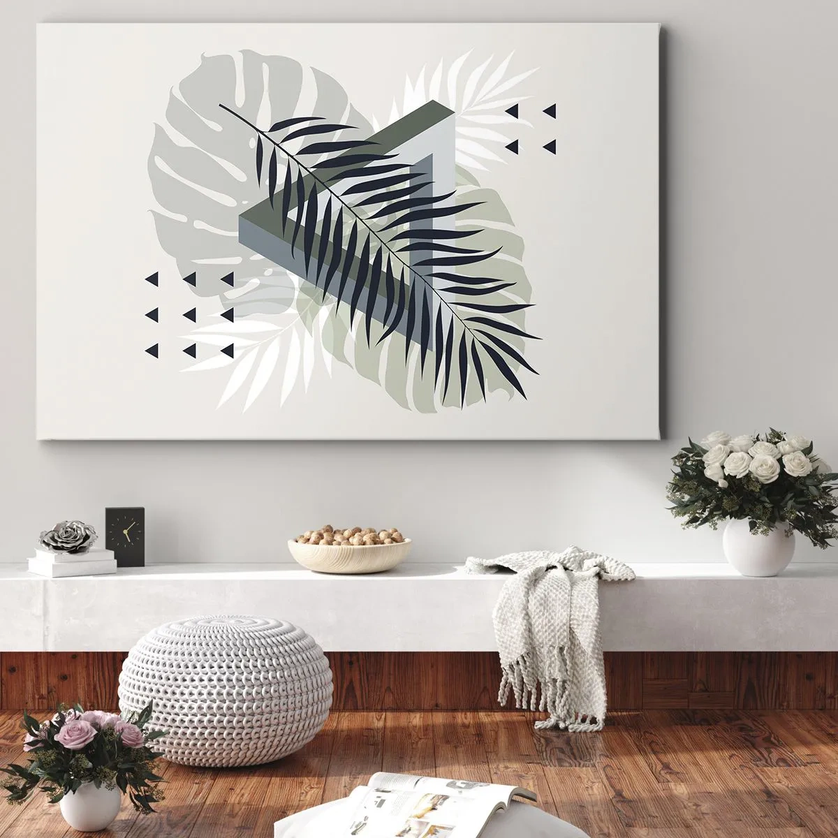 Quadro em tela - Composição geométrica com folhas tropicais em tons de verde - 70x50cm - Natureza e geometria – duas ordens? - Decoração de parede moderna para a sala de estar e quarto ARTTOR