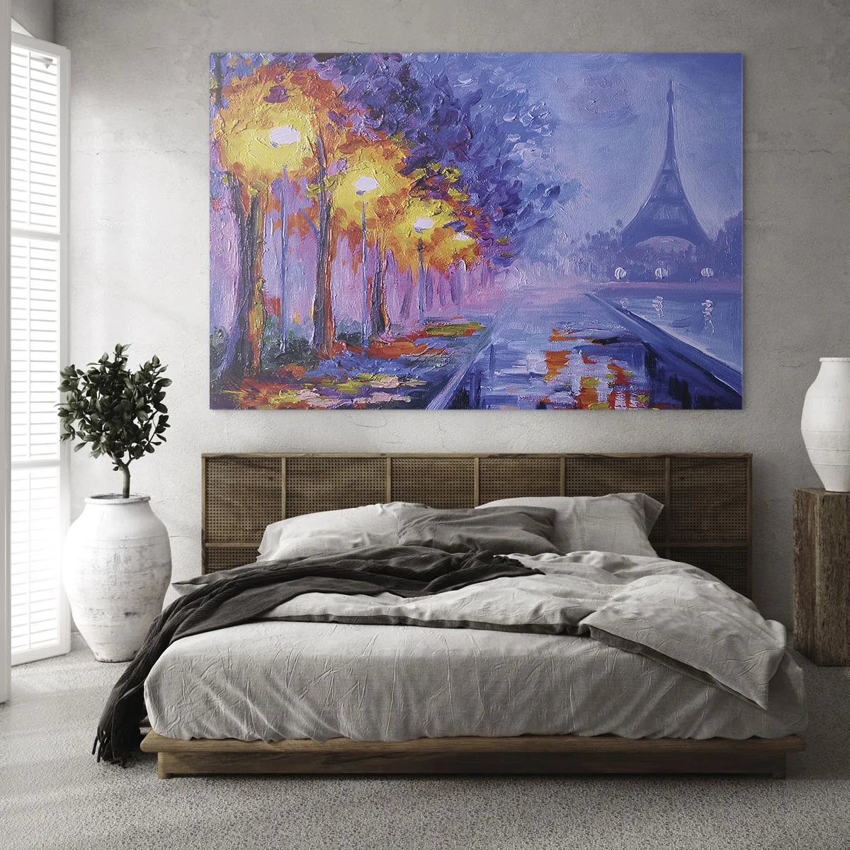 Quadro em vidro - Passeio noturno em Paris com a Torre Eiffel - 70x50cm - Uma caminhada dos sonhos - Decoração de parede moderna para a sala de estar e quarto ARTTOR