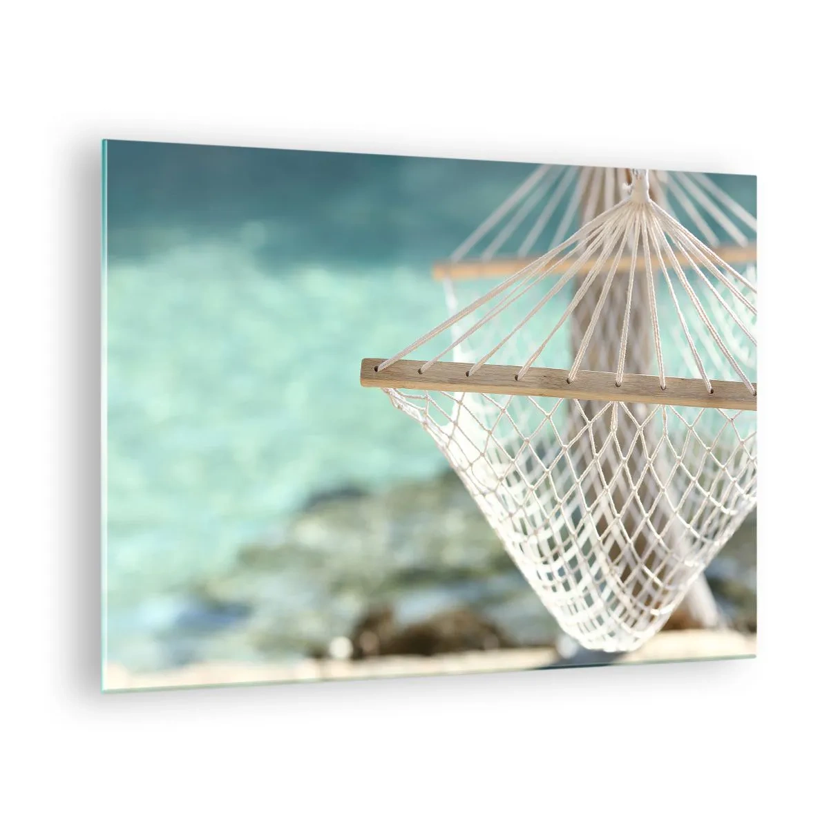 Quadro em vidro - Uma rede com vista para as águas cristalinas azul-turquesa - 70x50cm - Hora de relaxar - Decoração de parede moderna para a sala de estar e quarto ARTTOR