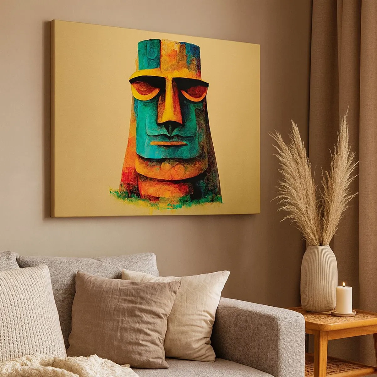 Quadro em tela - Estátua colorida da Ilha de Páscoa - 70x50cm - Escultórico e simpático - Decoração de parede moderna para a sala de estar e quarto ARTTOR
