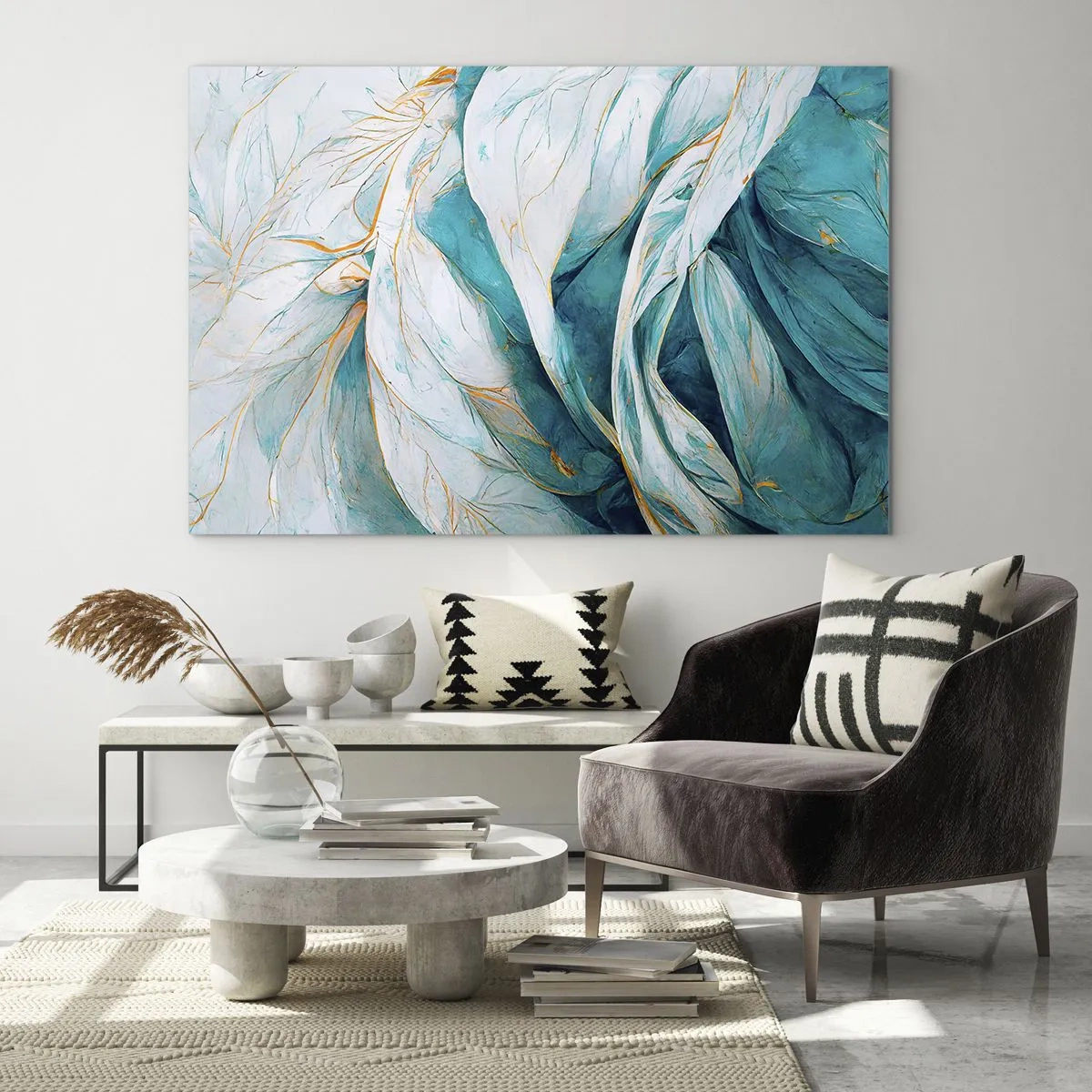Quadro em vidro - Abstração orgânica em linhas azuis e douradas - 70x50cm - Abstração azul com lema dourado - Decoração de parede moderna para a sala de estar e quarto ARTTOR