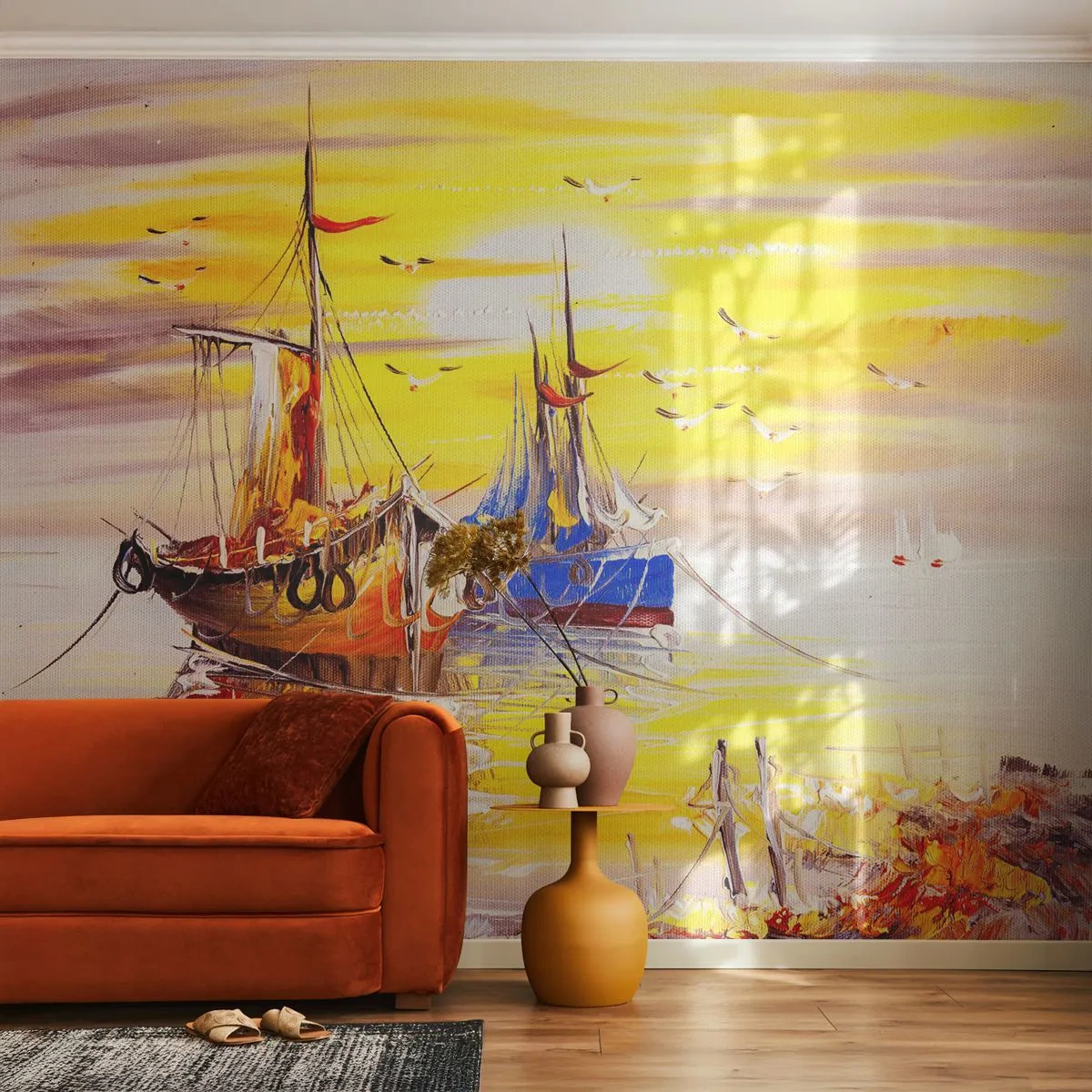 Papel de Parede Premium Canvas - Um merecido descanso no porto - Barco de pesca, pescaria, Pássaros - 250x175 cm