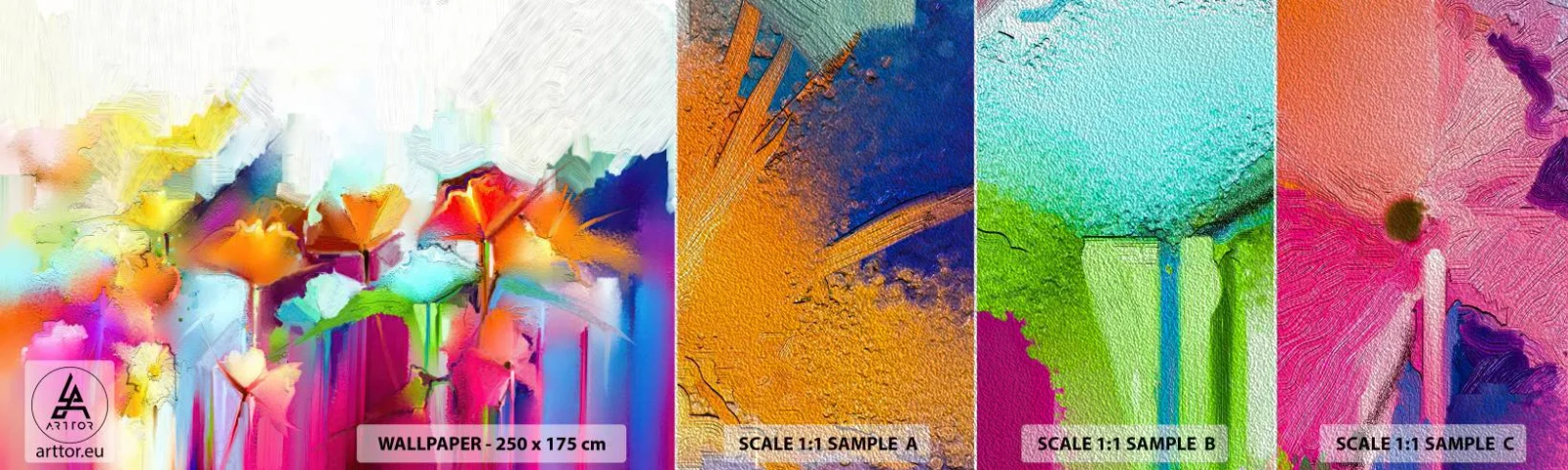 Amostra de papel de parede Premium Sand - O arco-íris floresceu - Abstração, Flores, Pedaço - 100x30 cm