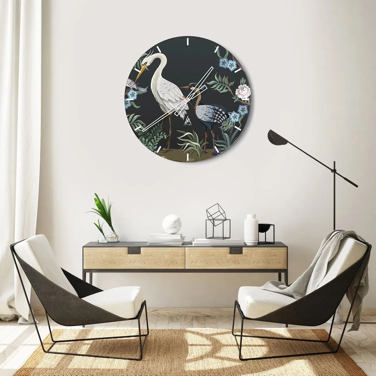 Relógio de parede - Relógio em vidro - Pássaros decorativos entre plantas em um fundo escuro - 30x30cm - Desfile de pássaros - Decoração de parede moderna para a sala de estar, cozinha e quarto ARTTOR