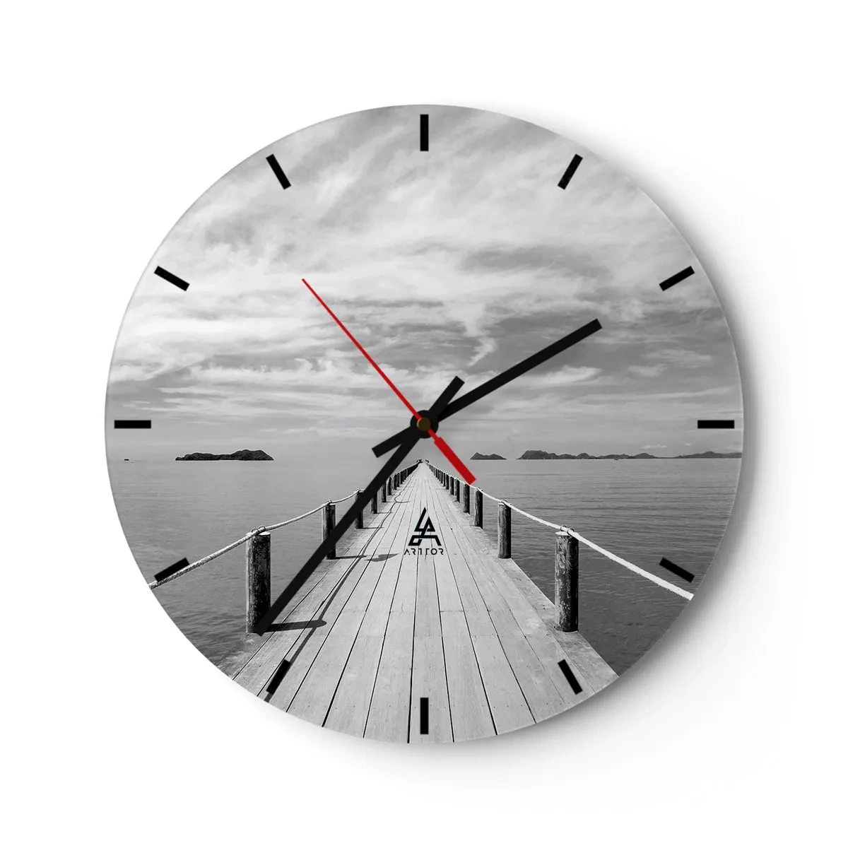 Relógio de parede - Relógio em vidro - Um cais que se estende ao longe sobre a superfície calma do mar - 30x30cm - Talvez uma viagem... - Decoração de parede moderna para a sala de estar, cozinha e quarto ARTTOR