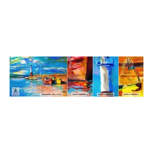 Amostra de papel de parede autocolante Deluxe Sticker - Tarde na baía do arco-íris - Porto dos Pescadores, Barco de pesca, Farol - 100x30 cm