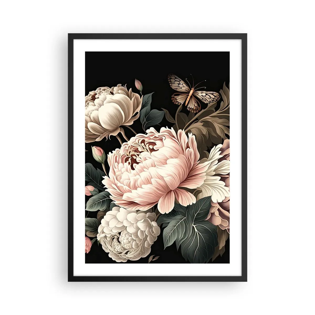 Pôster com moldura preta - Peônias elegantes e uma borboleta em um fundo preto - 50x70cm - Em estilo barroco - Decoração de parede moderna para a sala de estar e quarto ARTTOR