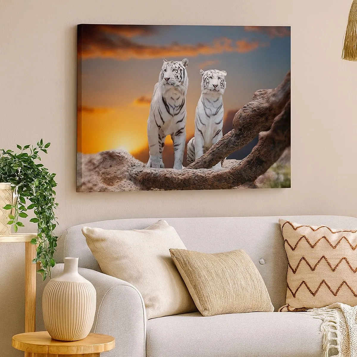 Quadro em tela - Tigres brancos no pôr do sol tendo como pano de fundo a natureza - 70x50cm - Tal como em Nárnia - Decoração de parede moderna para a sala de estar e quarto ARTTOR