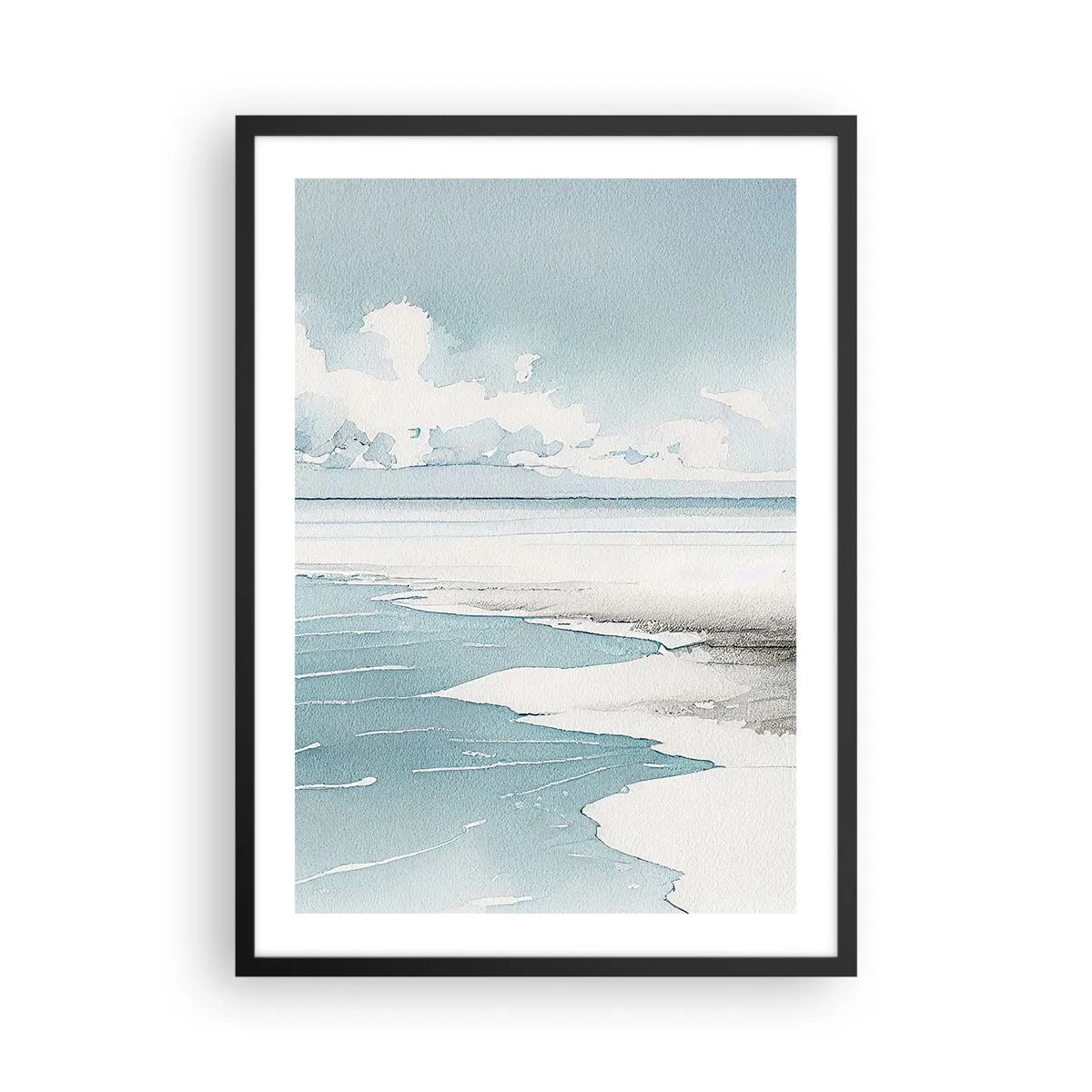 Pôster com moldura preta - Paisagem litorânea em aquarela em tons pastéis - 50x70cm - Maré suave - Decoração de parede moderna para a sala de estar e quarto ARTTOR
