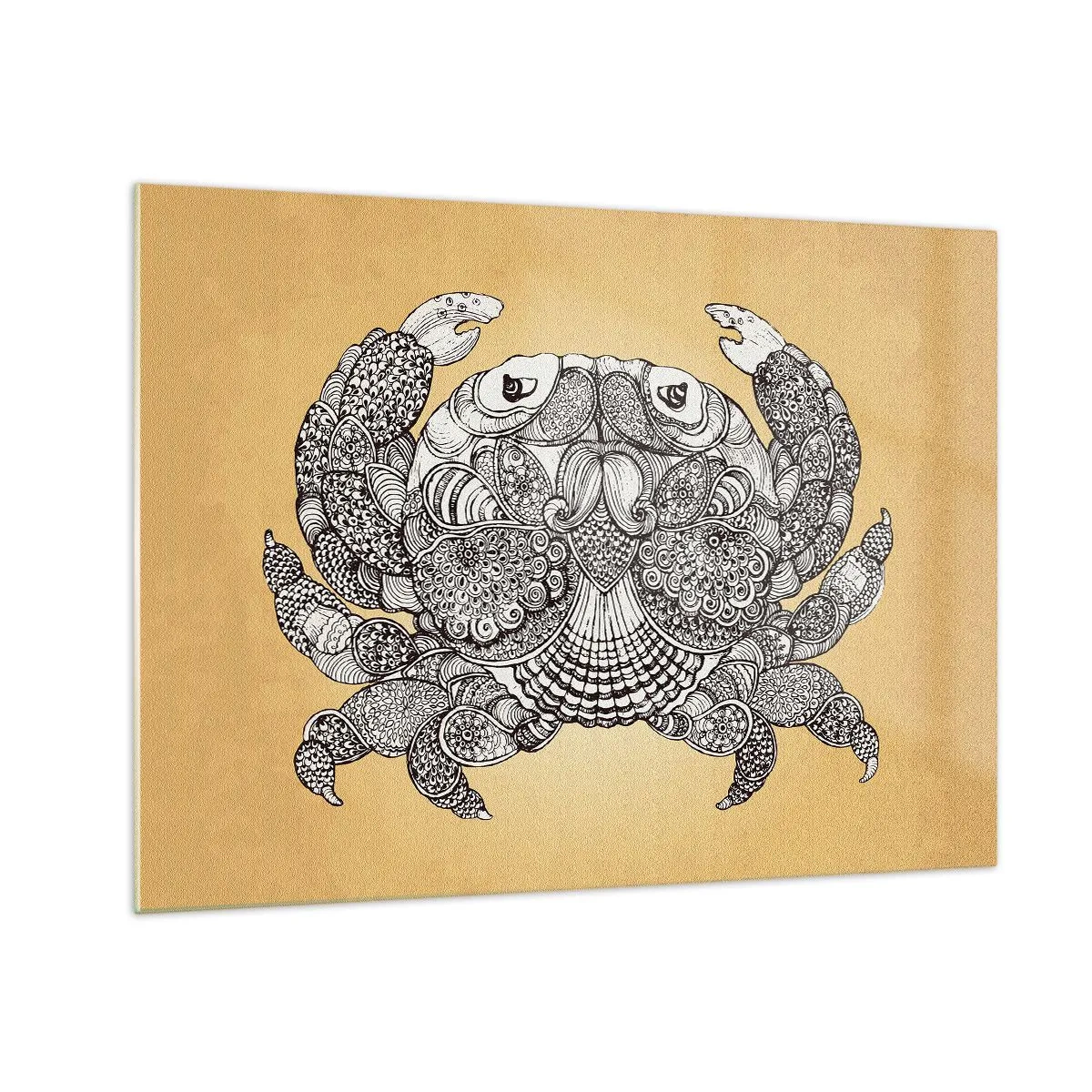 Quadro em vidro - Desenho estilizado de um caranguejo com enfeites em um fundo amarelo - 70x50cm - Contos do Sr. Caranguejo - Decoração de parede moderna para a sala de estar e quarto ARTTOR