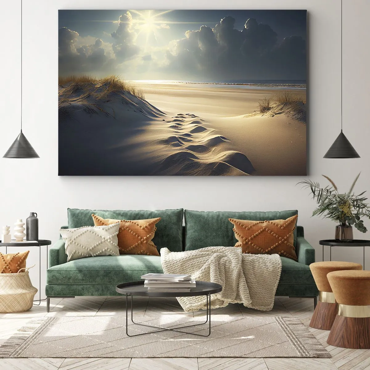 Quadro em tela - Dunas douradas na praia ao pôr do sol com vista para o mar - 70x50cm - Uma paisagem relaxante - Decoração de parede moderna para a sala de estar e quarto ARTTOR