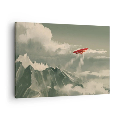 Quadro em tela - Avião vermelho sobre montanhas cobertas de neve - 70x50cm - O pioneiro destemido - Decoração de parede moderna para a sala de estar e quarto ARTTOR