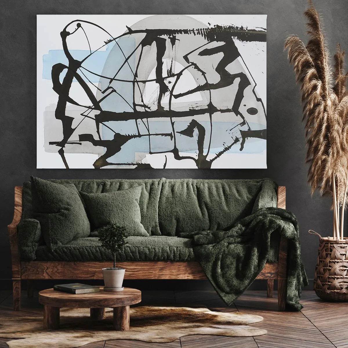Quadro em tela - Linhas e formas abstratas em azul e preto - 70x50cm - Azul mesmo assim - Decoração de parede moderna para a sala de estar e quarto ARTTOR