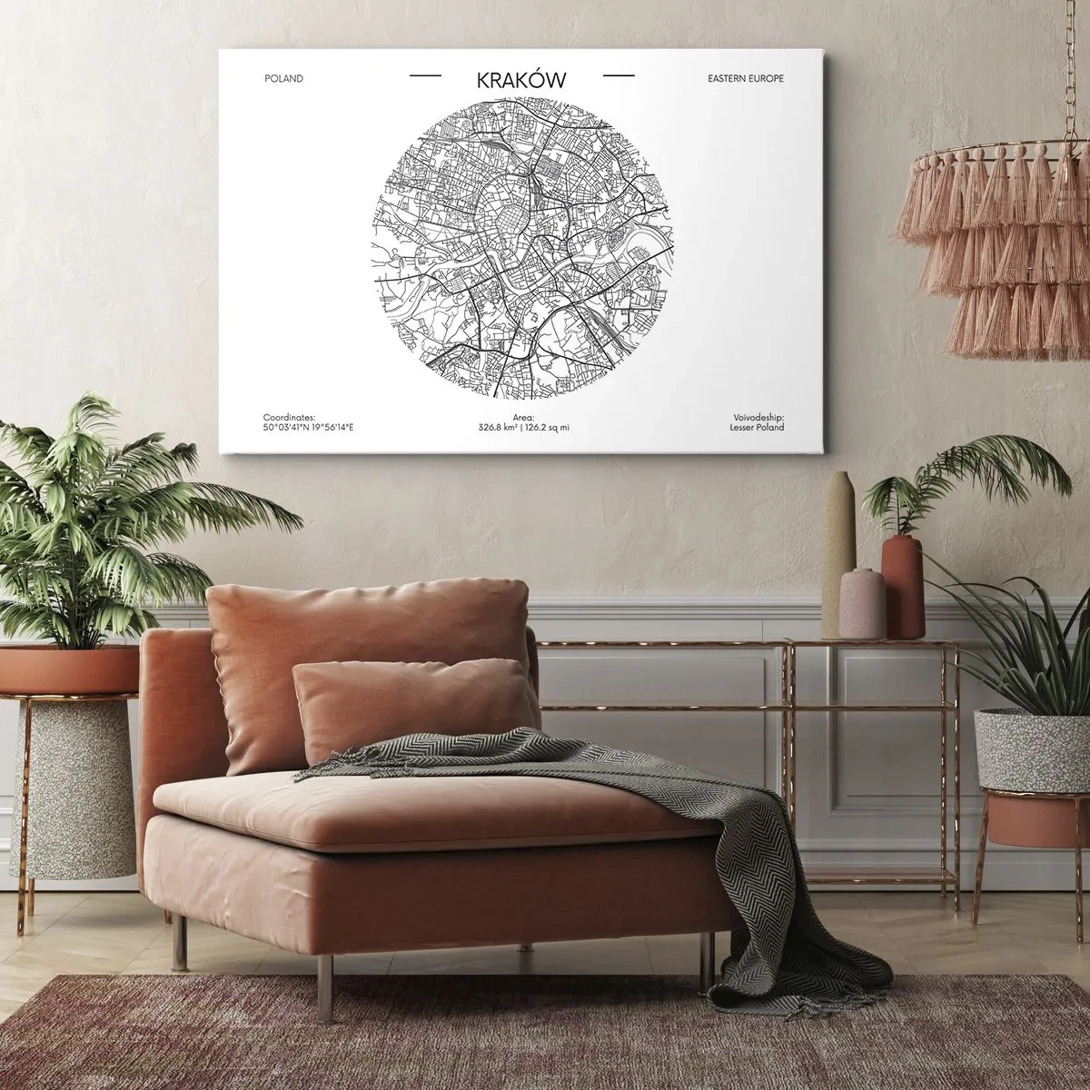 Quadro em tela - Um mapa de Cracóvia em estilo minimalista - 70x50cm - Anatomia de Cracóvia - Decoração de parede moderna para a sala de estar e quarto ARTTOR