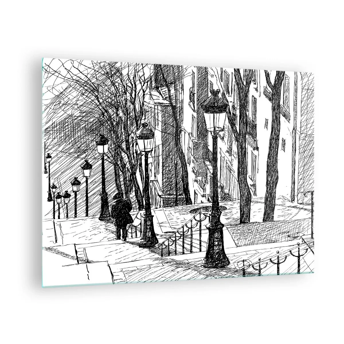 Quadro em vidro - Desenho em preto e branco de uma rua da cidade com lanternas - 70x50cm - Uma história de amor ou uma história de terror? - Decoração de parede moderna para a sala de estar e quarto ARTTOR