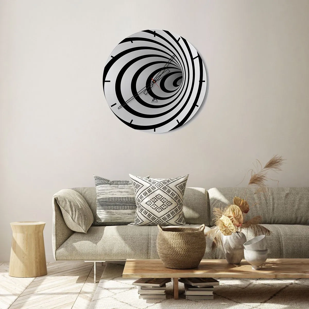 Relógio de parede - Relógio em vidro - Um padrão espiral hipnotizante em preto e branco - 30x30cm - Também não resiste? - Decoração de parede moderna para a sala de estar, cozinha e quarto ARTTOR