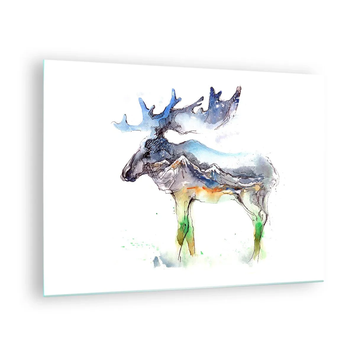 Quadro em vidro - Pintura em aquarela de um alce com um motivo de silhueta de montanha - 70x50cm - O herói do conto de inverno - Decoração de parede moderna para a sala de estar e quarto ARTTOR
