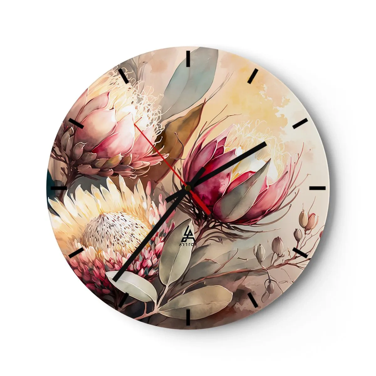 Relógio de parede - Relógio em vidro - Flores de protea artísticas em um fundo claro - 30x30cm - De perfil e de frente - Decoração de parede moderna para a sala de estar, cozinha e quarto ARTTOR