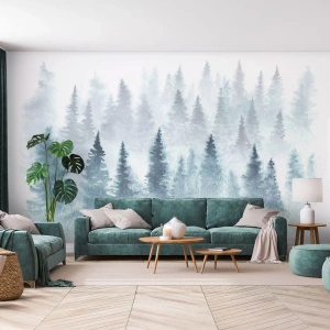 Papel de Parede Standard Eco - Paisagem nebulosa em aquarela com uma floresta de coníferas - 100x70cm - Envolto no nevoeiro - Decoração de parede moderna para a sala de estar e quarto ARTTOR