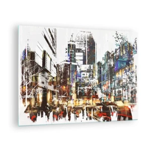 Quadro em vidro - Luzes coloridas da cidade em um estilo artístico e cintilante - 70x50cm - Cidade cintilante - Decoração de parede moderna para a sala de estar e quarto ARTTOR