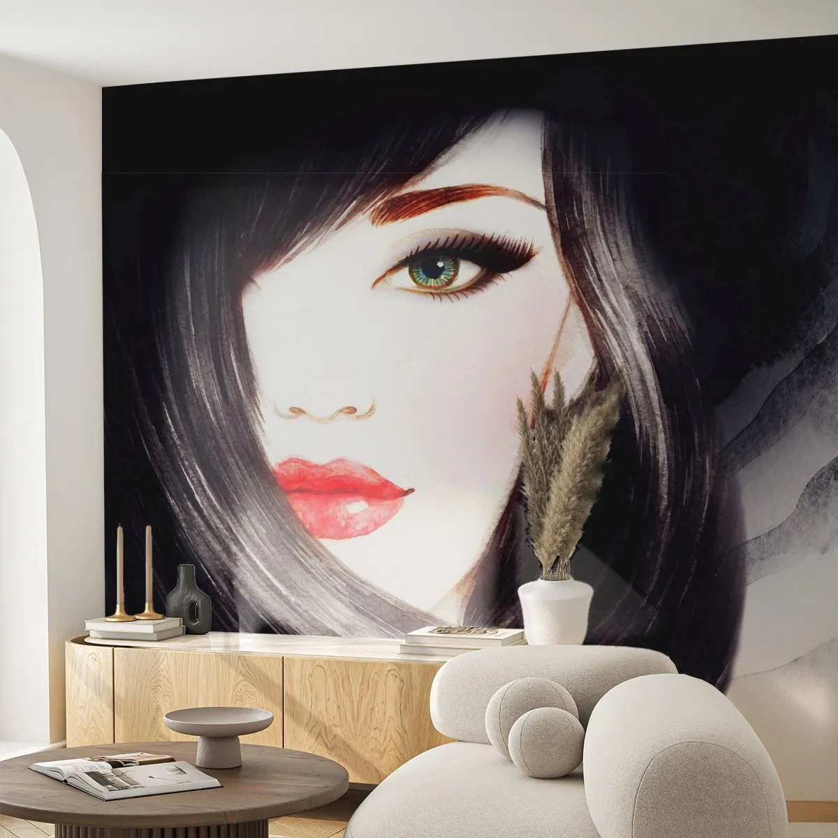 Papel de Parede Premium Sand - Olhar de safira - Rosto de mulher, lábios vermelhos, Olhos verdes - 100x70 cm