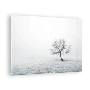 Quadro em vidro - Uma árvore solitária contra a neblina em uma composição monocromática - 70x50cm - Contra o nada - Decoração de parede moderna para a sala de estar e quarto ARTTOR