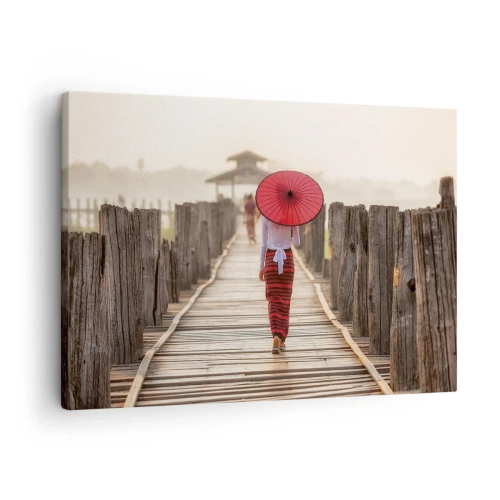 Quadro em tela - Uma mulher com um guarda-chuva vermelho em uma ponte de madeira - 70x50cm - Na ponte velha - Decoração de parede moderna para a sala de estar e quarto ARTTOR