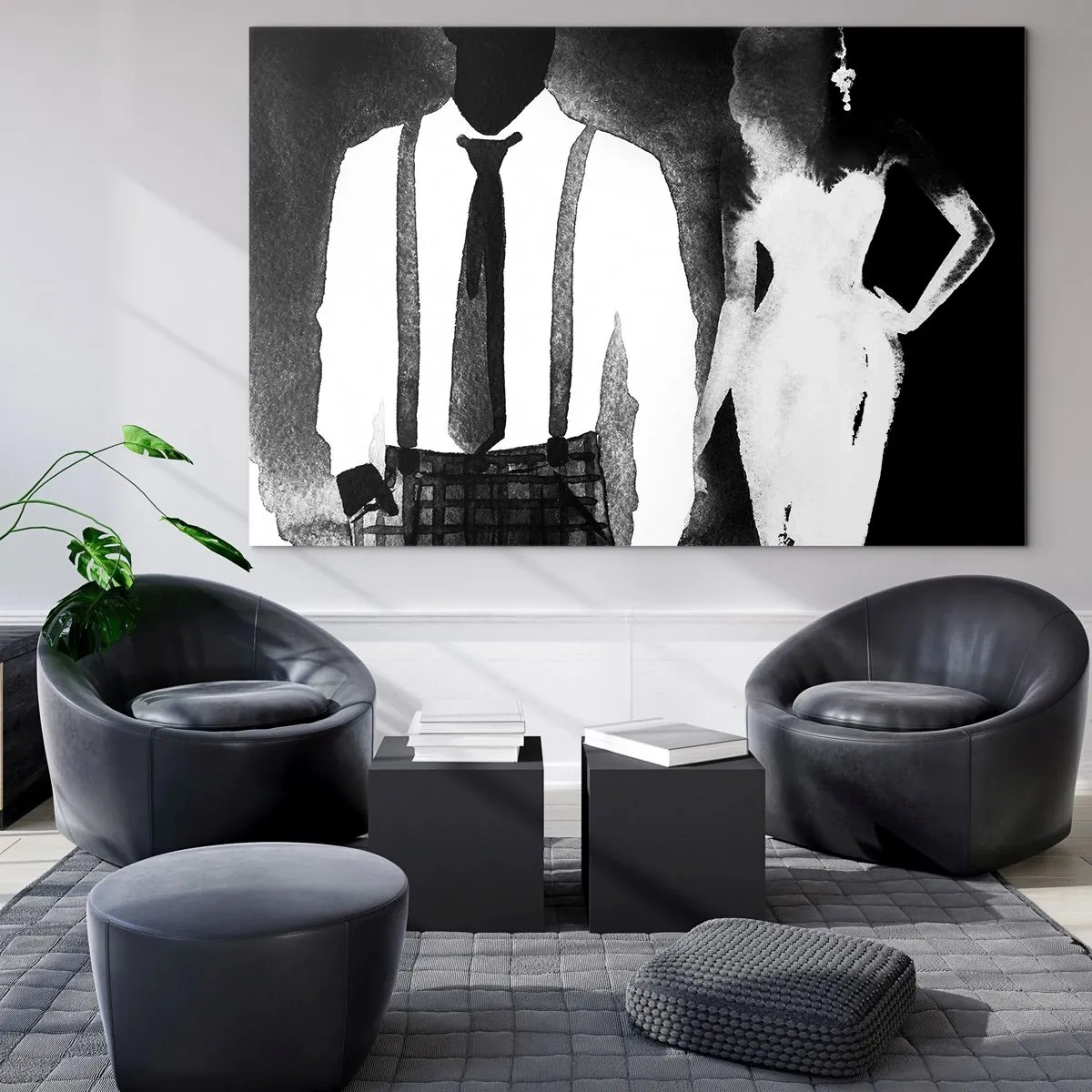Quadro em vidro - Silhueta em preto e branco de um elegante casal noir - 70x50cm - Num clima noir - Decoração de parede moderna para a sala de estar e quarto ARTTOR
