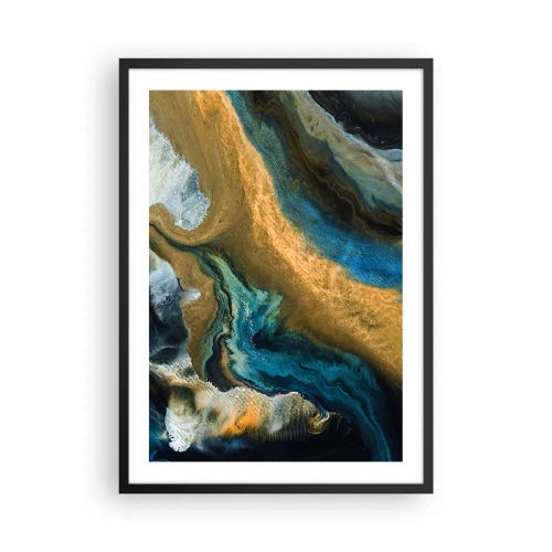 Pôster com moldura preta - Uma composição abstrata em tons de dourado e azul. - 50x70cm - Azul – amarelo – influências mútuas - Decoração de parede moderna para a sala de estar e quarto ARTTOR