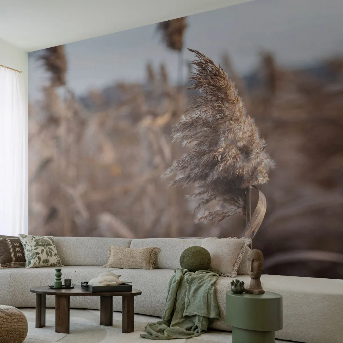 Papel de Parede Autocolante Deluxe Sticker - É hora de voar com o vento - Prado, Grama dos Pampas, Natureza - 250x175 cm
