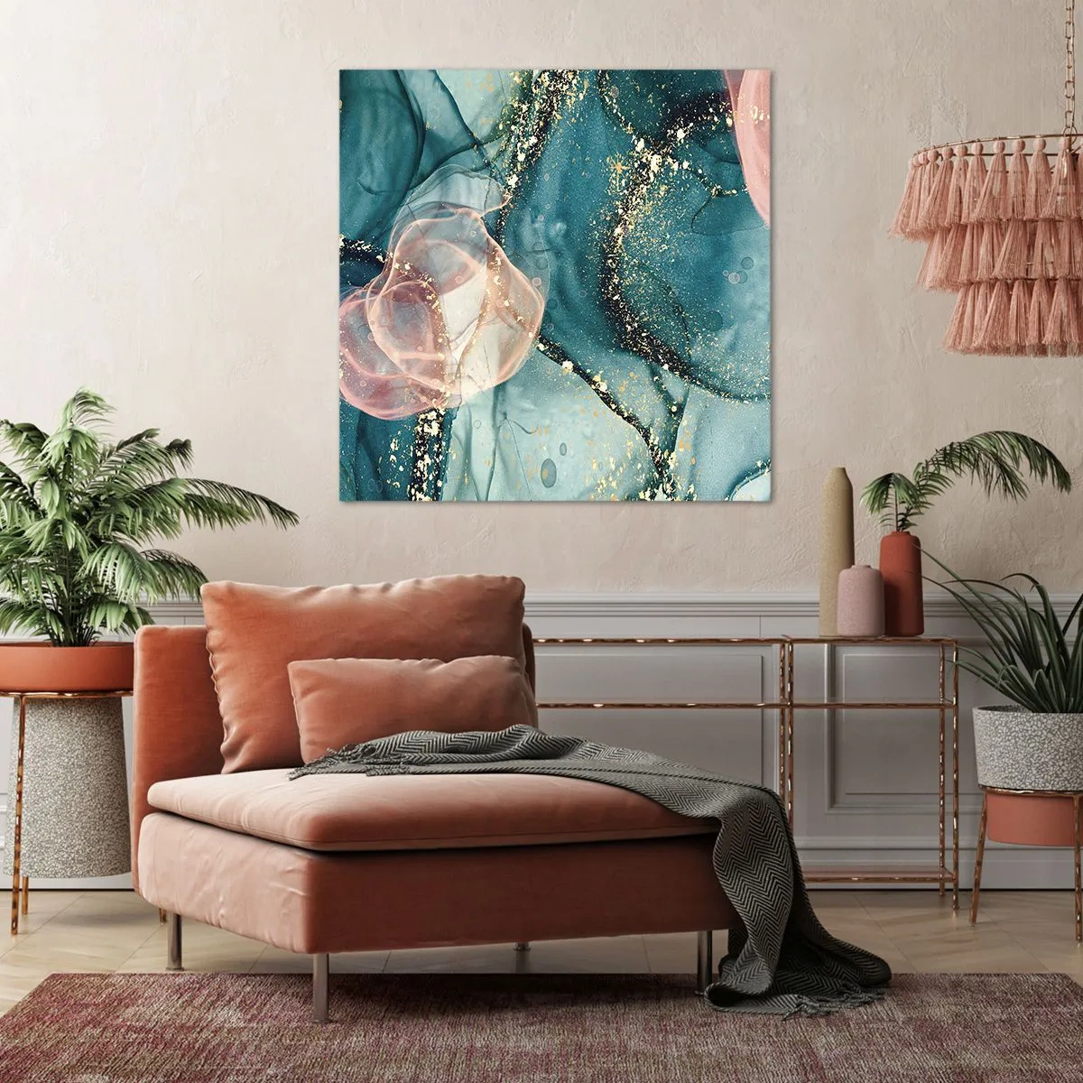 Quadro em tela - Azul seda, rosa tule - 40x40 cm