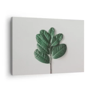 Quadro em tela - Um ramo de folhas verdes em um fundo claro - 70x50cm - Desenho da própria natureza - Decoração de parede moderna para a sala de estar e quarto ARTTOR