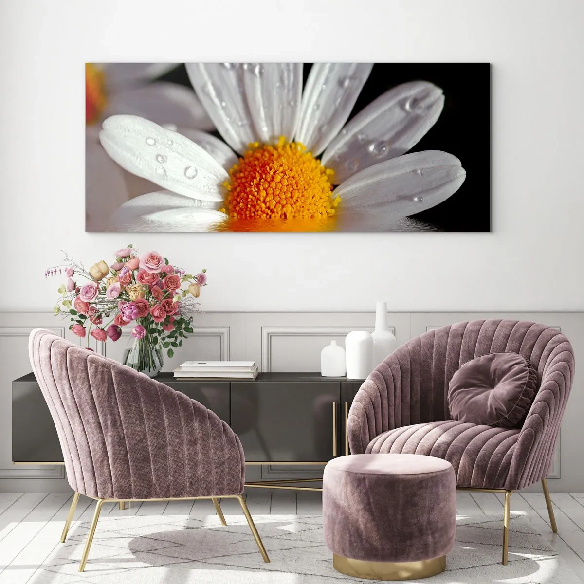 Quadro em vidro - As margaridas do sol nascente - 100x40 cm